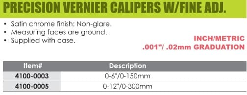 0-6, 0-12 Inch Range - Precision Vernier Calipers with Fine Adjustment ID 20519-